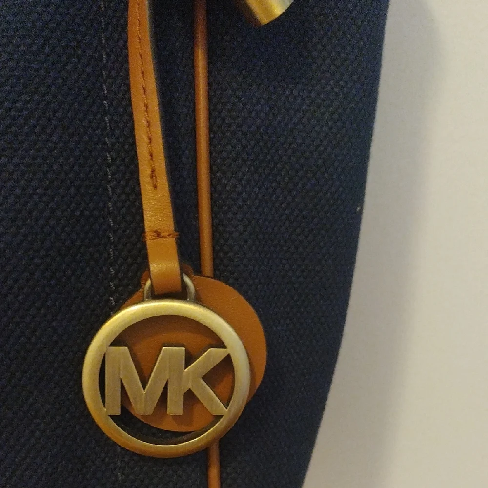 -Michael Kors Blue and Tan Tote with Signature MK Charm Rope Handles